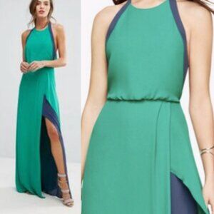 NWT BCBGMAXAZRIA CAMILLIA HALTER-NECK COLOR-BLOCKED DRESS Emerald size 0